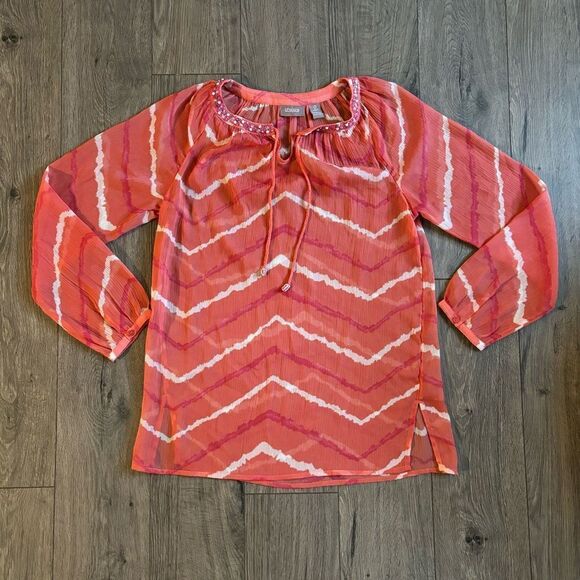 Chico’s 0 Sheer Orange Striped Tunic‎ Top Blouse Small - Picture 1 of 3